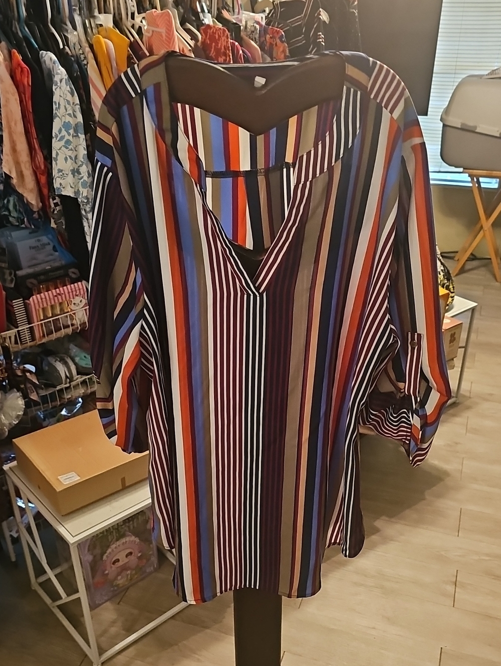 Women's Multi-Stripe V-Neck Tunic Top in Blue, Red & Brown